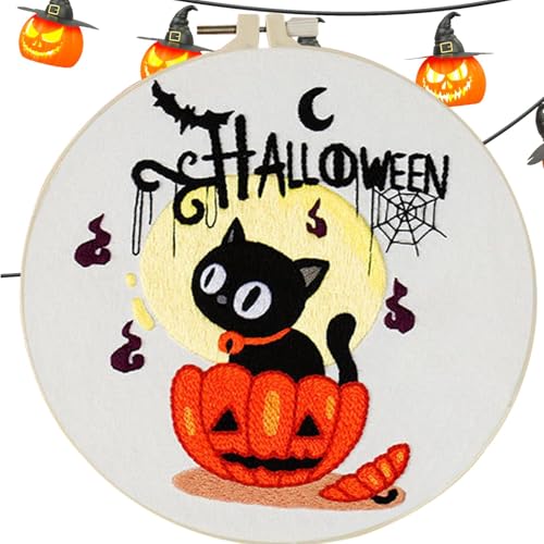 Nybhyjka Halloween-Stickerei,Halloween-Nadelspitze,Stickerei-Anfänger-Kit für Anfänger | Gotisches Stickset, Anfänger-Set mit Halloween-Muster, Nadelspitzen-Set für Erwachsene zum Selbermachen von Nybhyjka