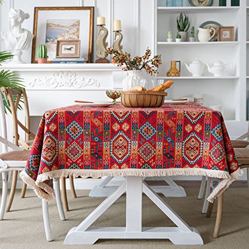 Nyescasa Bohemien Tischdecke Boho Vintage Tischwäsche Leinen Tischtuch Garten Tischdecke mit Quaste Rechteckige Tafeltuch Abwischbar Fleckschutz für Feste Party Picknick Haushalt 100x140cm Rot von Nyescasa