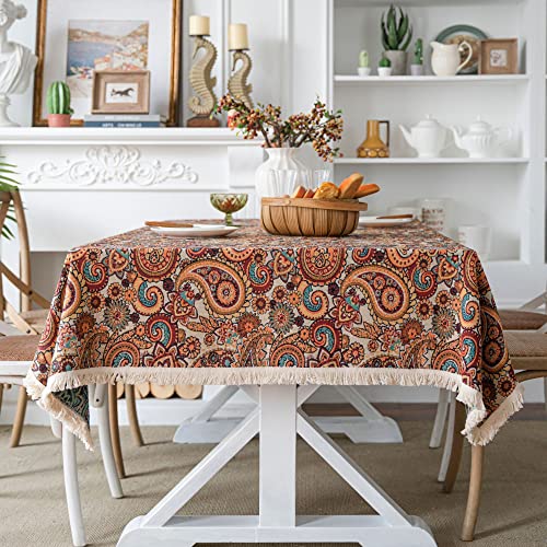 Nyescasa Bohemien Tischdecke Boho Vintage Tischwäsche Leinen Tischtuch Garten Tischdecke mit Quaste Rechteckige Tafeltuch Abwischbar Fleckschutz für Feste Party Picknick Haushalt 140x250cm von Nyescasa