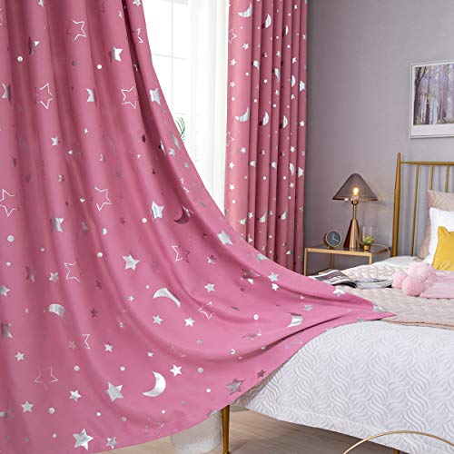 Nyescasa Sternen und Mond Vorhänge 2 Panel Rosa Verdunkelungs Vorhänge für Kinder Mädchen Schlafzimmer Wohnzimmer B 100 x H 250 cm Lsolierung Vorhänge von Nyescasa