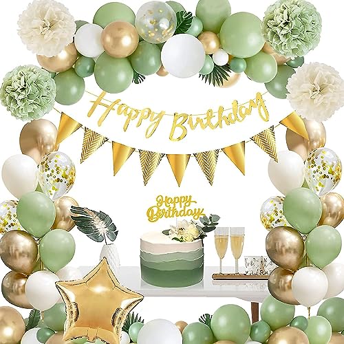 Grün und Gold Party Dekorationen 62 Stück Grüner Ballon Bogen Girlande Kit Metall und Pailletten Luftballons Papier Pom Poms Blumen Pastell Alles Gute zum Geburtstag Banner Grüne Party Zubehör von NymphFable