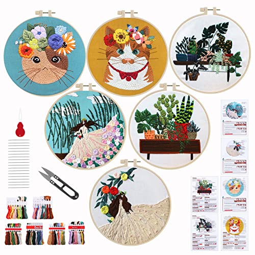 6 Sets Stickerei Starter Kit für Anfänger Erwachsene?DIY Embroidery Kit, Stickerei Set Enthält Sticken Stoff, Stickrahmen, Sticknadeln, Embroidery Thread und Anweisung von Nynkyon