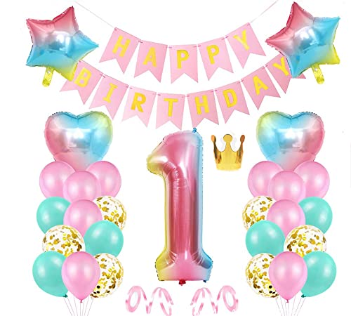 Geburtstag Rosa Dekoration 1 jahr, Nytlivet Geburtstagsdeko 1 Jahr Mädchen, Riesen Folienballon 1 Rosa, Deko 1 Geburtstag Mädchen, Bunt Folienzahlen Ballons 1, Banner und Bänder (1) von Nytlivet