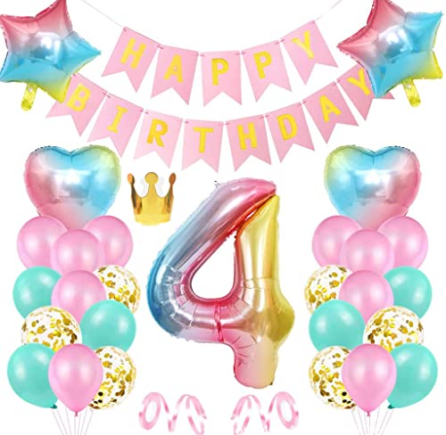 Geburtstag Rosa Dekoration 4 jahr, Nytlivet Geburtstagsdeko 4 Jahr Mädchen, Riesen Folienballon 4 Rosa, Deko 4 Geburtstag Mädchen, Bunt Folienzahlen Ballons 4, Banner und Bänder (4) von Nytlivet