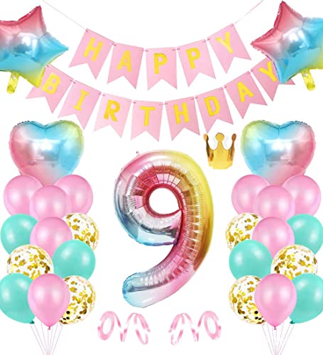 Geburtstag Rosa Dekoration 9 jahr, Nytlivet Geburtstagsdeko 9 Jahr Mädchen, Riesen Folienballon 9 Rosa, Deko 9 Geburtstag Mädchen,Bunt Folienzahlen Ballons 9, Banner und Bänder (9) von Nytlivet