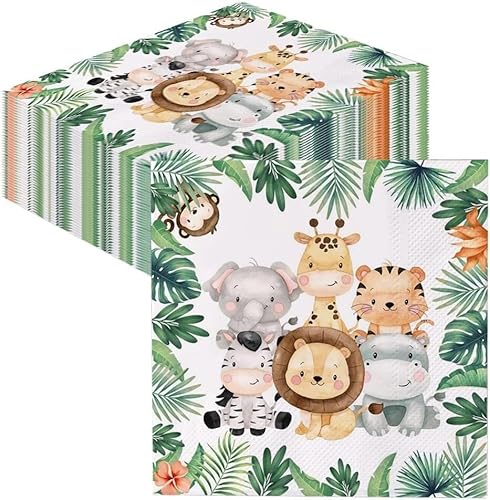 Servietten Kindergeburtstag, 40 Stück Servietten Dschungel, Papierserviette Zootiere Happy Birthday Kindergeburtstag Tissue, Mädchen Jungen Tischdeko Party Deko von Nytlivet