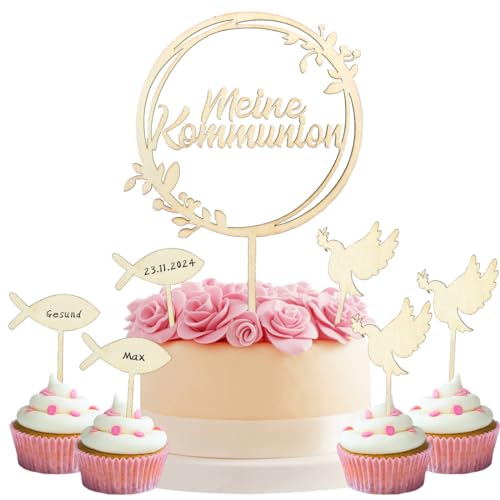 7 Stück Cake Topper Kommunion, Holz Tortendeko Konfirmation, Taufe Kommunion Torten Topper, Erstkommunion Kuchen Dekoration für Taufe Junge Mädchen von O-Kinee