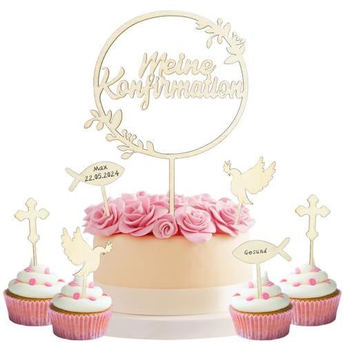 7 Stück Cake Topper Kommunion, Holz Tortendeko Konfirmation, Taufe Kommunion Torten Topper, Erstkommunion Kuchen Dekoration für Taufe Junge Mädchen von O-Kinee