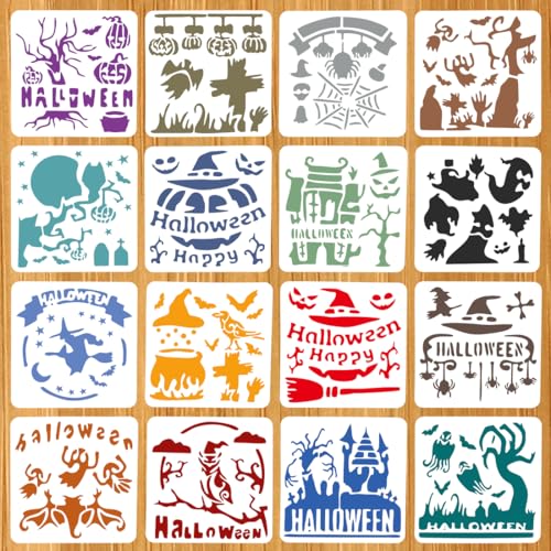 Halloween Schablonen, 16 Stück Kunststoff Zeichnung Malschablonen, Hexe Skelett Kürbis Fledermaus Stencil Zum Malen, Wiederverwendbar Painting Geschenke für Karneval DIY Malerei Scrapbooking Karte von O-Kinee