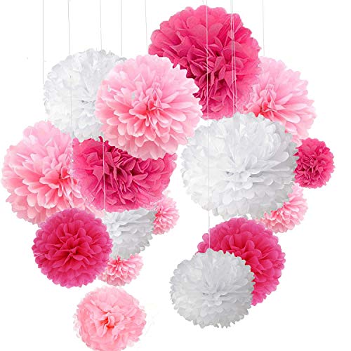 O-Kinee 24er Rosa Deko Seidenpapier Pompons für Hochzeit, Taufe Mädchen, Geburtstag, Party,Kommunion,Valentinstag Muttertag JGA Deko weiß rosa von O-Kinee