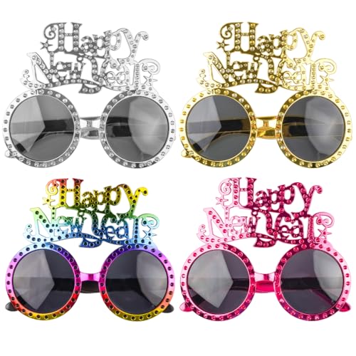 O-Kinee 4 Stück 2025 Frohes Neues Jahr Brillen，Happy New Year Brillen,Lustige Silvester Brillen,Silvester brille für Neujahrsparty,Silvester accessoires Foto Requisiten Partybrille von O-Kinee