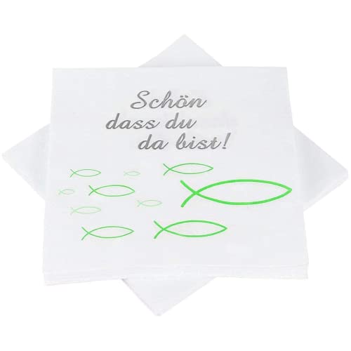 O-Kinee Servietten Fisch Grün, Taufdeko Mädchen, Servietten für Konfirmation Kommunion Taufe Tischdeko, Servietten Glaube Fisch Tisch Deko - 33x33 cm, 32 Stück von O-Kinee