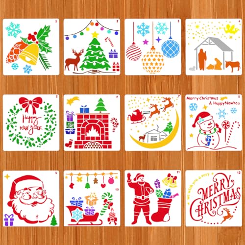 Weihnachten Schablonen, 12 Stück Kunststoff Zeichnung Malschablonen, Groß Weihnachtsmann Schneemann Stencil Schablonen Malen, Wiederverwendbar Painting Geschenke für Weihnacht DIY Scrapbooking Karte von O-Kinee