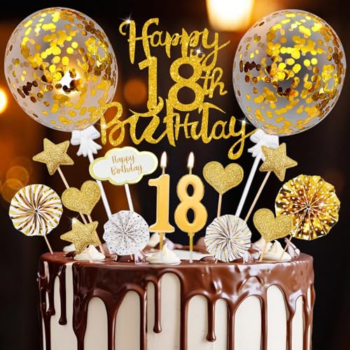 Tortendeko 18 Geburtstag Mädchen Junge, 20 Pcs Tortendeko Gold Deko 18Geburtstag, 18ter Cake Topper mit Geburtstagskerzen, für 18 Geburtstag Deko Kuchen Deko, Happy 18th Birthday Kuchendeko von O'meFun