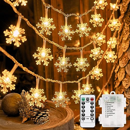 OAICIA Lichterkette LED Schneeflocken Lichterketten Batterie 40 LED 6m Weihnachten Licht mit Fernsteuerung IP44 Wasserdicht Außen Innen 8 Modi für Weihnachten Halloween Vorhang Garten Party - Warmweiß von OAICIA