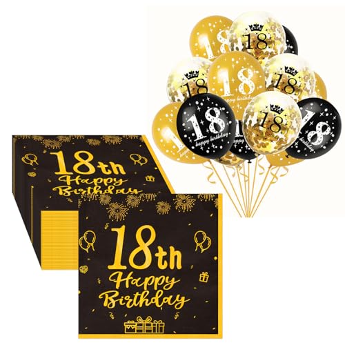 OAKENCREST 18. Geburtstag Deko Servietten 40 Stück, 18 Schwarz Gold Luftballons, Geburtstag Mädchen Junge Servietten, 3-Lagig Happy Birthday Servietten, Geburtstagsservietten, 33x33cm Tischdekoration von OAKENCREST