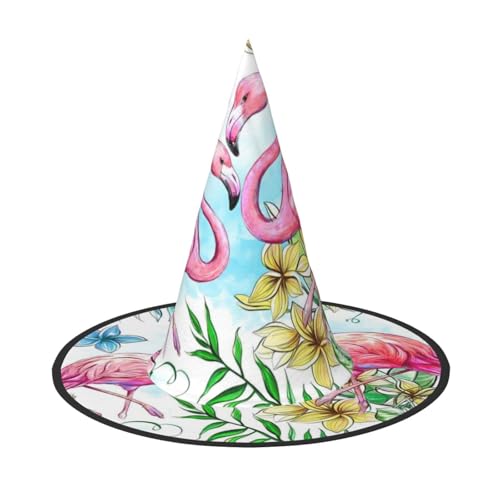 OAKETE Flamingo Blumen Halloween Full Hat Breiter Rand Faltbarer Scharfer Hut Halloween Kostüm Zubehör von OAKETE