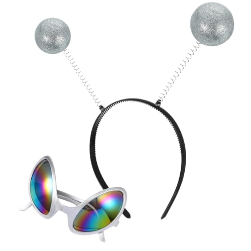 OATIPHO Alien Brille Mit Haarreif Lustige Festival Sonnenbrille Und Haarschmuck Für Partys Karneval Und Cosplay Silbriger Rahmen Mit Bunten Glitzersteinen von OATIPHO