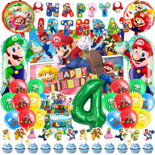 4 Jahre Deko Geburtstag, 40 Stück Theme Kindergeburtstag Deko 4 Jahre mit Cake Topper Geburtsta Luftballons Geburtstag Hintergrundtuch, Theme 4. Geburtstag Deko für Kinder von OBBOR
