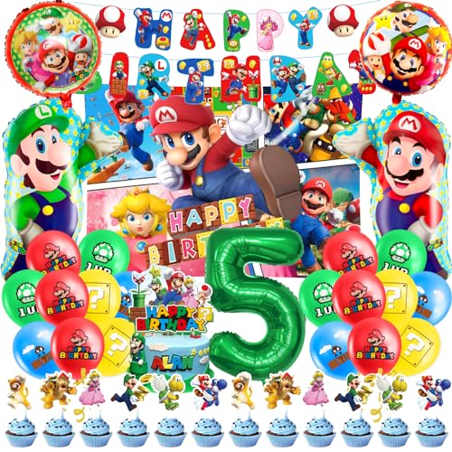 5 Jahre Deko Geburtstag, 40 Stück Theme Kindergeburtstag Deko 5 Jahre mit Cake Topper Geburtstag Luftballons Geburtstag Hintergrundtuch, Theme 5. Geburtstag Deko für Kinder von OBBOR