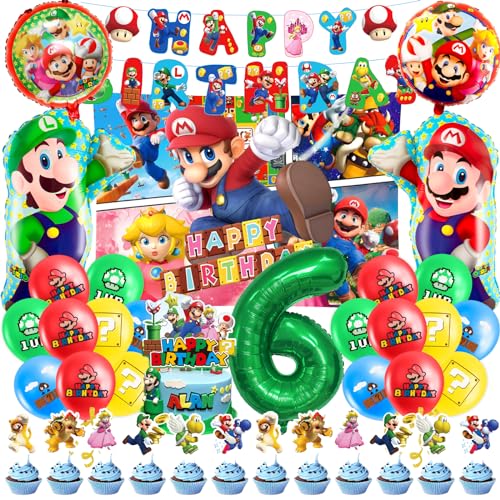 6 Jahre Deko Geburtstag, 40 Stück Theme Kindergeburtstag Deko 6 Jahre mit Cake Topper Geburtstag Luftballons Geburtstag Hintergrundtuch, Theme 6. Geburtstag Deko für Kinder von OBBOR