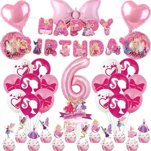 Prinzessin Deko Geburtstag Mädchen 6 Jahre, Barbi Geburtstag Deko Set 40 Stück, Theme Deko Geburtstag mit Luftballon Rosa, Tortendeko, Happy Birthday Banner, Prinzessin party deko für Mädchen von OBBOR