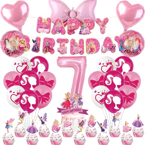 Prinzessin Deko Geburtstag Mädchen 7 Jahre, Barbi Geburtstag Deko Set 41 Stück, Theme Deko Geburtstag mit Luftballon Rosa, Tortendeko, Happy Birthday Banner, Prinzessin party deko für Mädchen von OBBOR