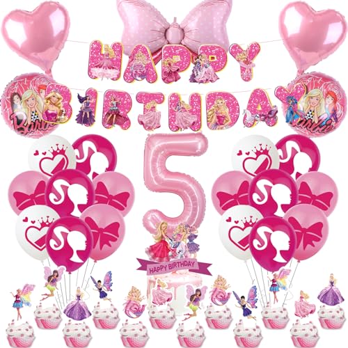 Prinzessin Deko Geburtstag Mädchen 5 Jahre, Barbi Geburtstag Deko Set 39 Stück, Theme Deko Geburtstag mit Luftballon Rosa, Tortendeko, Happy Birthday Banner, Prinzessin party deko für Mädchen von OBBOR