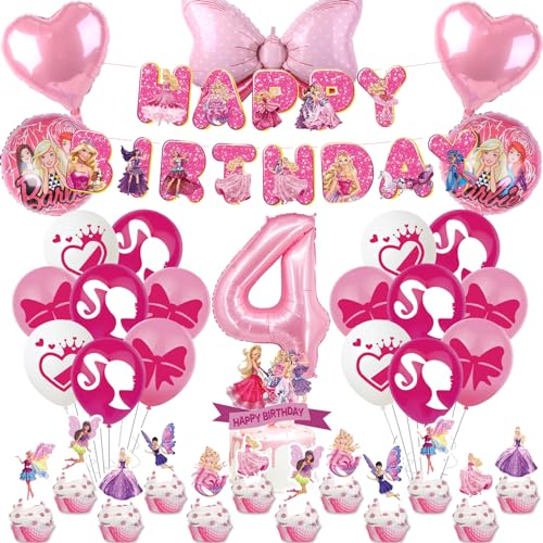 Prinzessin Deko Geburtstag Mädchen 4 Jahre, Barbi Geburtstag Deko Set 38 Stück, Theme Deko Geburtstag mit Luftballon Rosa, Tortendeko, Happy Birthday Banner, Prinzessin party deko für Mädchen von OBBOR