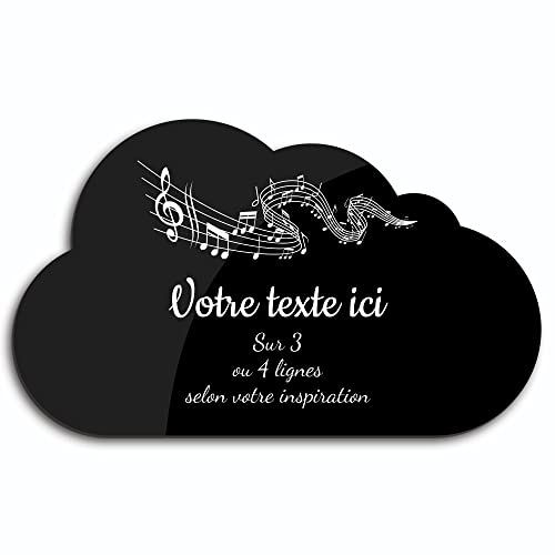 OCAP-FUNERAIRE.COM Grabtafel mit Noten, Motiv "Musik", mit Haftnotizen, Modell Wolke (20 x 12 cm), personalisierbar, 1 bis 3 Zeilen, Schwarz von OCAP-FUNERAIRE.COM