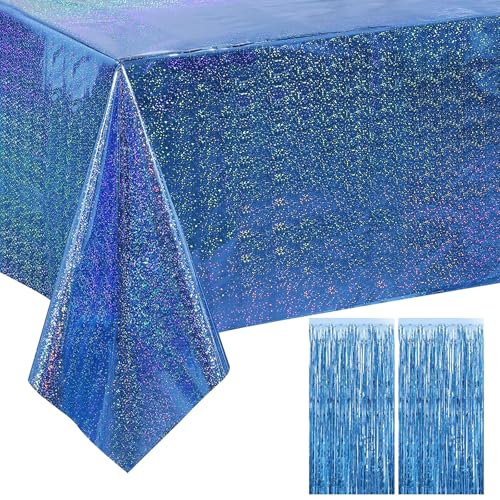 Blau Tischdecke Geburtstag+2 Stück Lametta Vorhänge Blau Glitzer, Blau Party Tischtuch Wasserdicht Plastik, Lametta Vorhang Blau, 137 x 274cm, 1x2m, für Party Dekoration Familientreffen von OCCOUMR