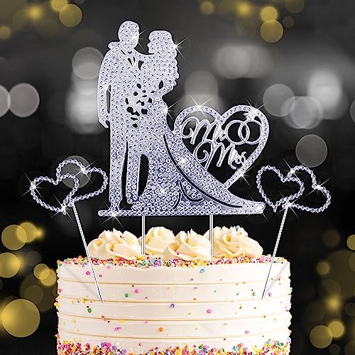 Cake Topper Hochzeit, Wedding Cake Topper mit Strass, Mr & Mrs Deko Hochzeit Tortenfiguren, Tortendeko Hochzeit, für Verlobung Party, Legierung Galvanik, Silber von OCCOUMR