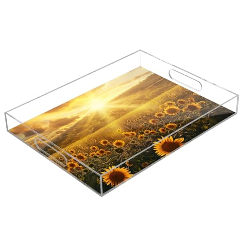 Transparentes Serviertablett mit Griff, Sonnenblumen unter goldenem Sonnenuntergang, Acryl-Tablett, dekoratives Tablett, Briefablage, Organizer für Arbeitsplatte von ODAWA