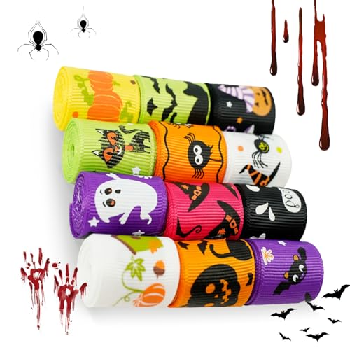 12 Yard Halloween Ripsband 25x910 mm, Halloween Satinband, Geschenkband, Halloween-Bänder, Zierband, Dekoband für Halloween, Stoffband Satin für Geschenkverpackung, Kürbis, Geist, Zauberband von ODDerZZii