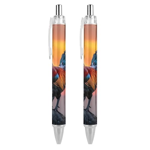 ODHHGDF Hahn Sunrise Kugelschreiber, feine Spitze, 0,5 mm, einziehbarer Kugelschreiber, flexibel, runder Schaft, 2 Stück von ODHHGDF