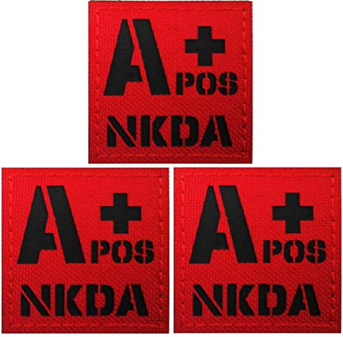 Ein positives Bluttyp-Patch, A POS A+ NKDA Infrarot Ir reflektierende medizinische Patches, Klettverschluss Rückseite – 4,97 x 4,97 cm – Bündel mit 3 Stück – keine bekannten Medikamentenallergien von ODSS