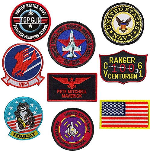 Top Gun Patches Set United Sates Navy Fighter Weapons School American Flag CV-61 USS Ranger 100 Centurion, Tom Cat, Pete Mitchell Maverick, VF-1 bestickter Morale Patch Hakenschlaufe Rückseite 9 Stück von ODSS