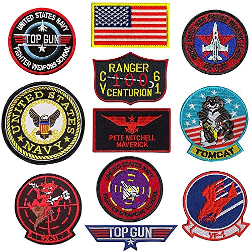 Top Gun Patches United Sates Navy Fighter Weapons School American Flag CV-61 USS Ranger 100 Centurion, Tom Cat, Pete Mitchell Maverick, VX-31, VF-1 bestickter Patch Morale Applikationen 11 Stück von ODSS