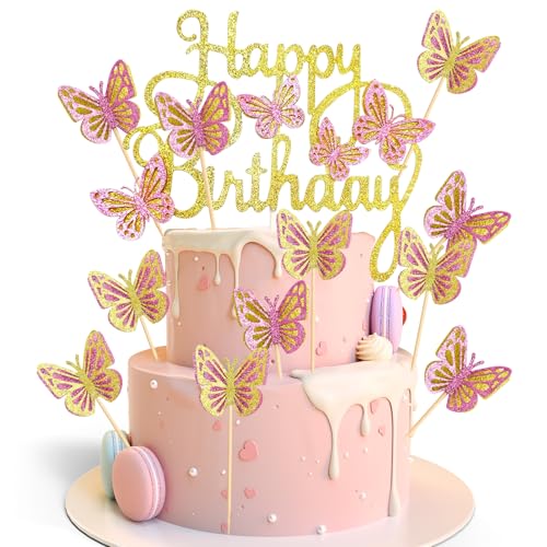 OEEYYT 13 Stück Schmetterlinge Happy Birthday Tortendeko Gold Rosa Schmetterling Cake Topper Geburtstag für Schmetterling Thema Kuchen Cupcake Topper von OEEYYT