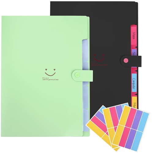 OEEYYT 2 Stück Fächermappe A4 Mit 5 Taschen Dokumentenmappe A4 Mappen Ordnersystem Ordnungsmappe für Zuhause, Büro, Schule (Grün+Schwarz) von OEEYYT