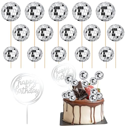 OEEYYT Discokugel Deko Kuchen Disco Ball Deko Cake Topper Happy Birthday Tortendeko, 1970er Cupcake Topper, Birthday Party von OEEYYT