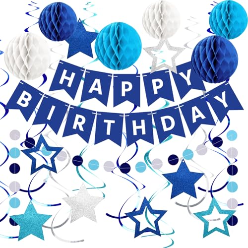 OEEYYT Geburtstagsdeko Blau Happy Birthday Banner Mit Wabenball Stern Hängend Wirbel Streamer Kreis Punkt Girlande Geburtstagsdeko Jungen Happy Birthday Girlande Partydeko von OEEYYT