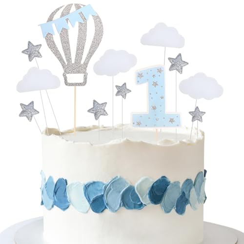 OEEYYT Tortendeko 1. Geburtstag Mädchen Junge, Kuchendeko 1. Geburtstag Wolken Sterne Heißluftballon Cake Topper 1. Geburtstag für Baby Shower Party Dekoration (Blau) von OEEYYT