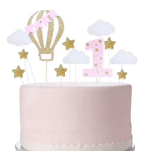 OEEYYT Tortendeko 1. Geburtstag Mädchen Junge, Kuchendeko 1. Geburtstag Wolken Sterne Heißluftballon Cake Topper 1. Geburtstag für Baby Shower Party Dekoration (Rosa) von OEEYYT