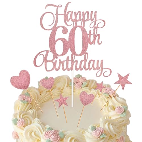 OEEYYT Tortendeko 60 Geburtstag Deko Rose Gold Herz Stern Kuchen Deko Geburtstag Happy 60st Birthday Cake Topper Deko 60 Geburtstag Frau Deko (60) von OEEYYT