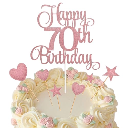 OEEYYT Tortendeko 70 Geburtstag Deko Rose Gold Herz Stern Kuchen Deko Geburtstag Happy 70st Birthday Cake Topper Deko Tortendeko 70 Geburtstag Frau (70) von OEEYYT