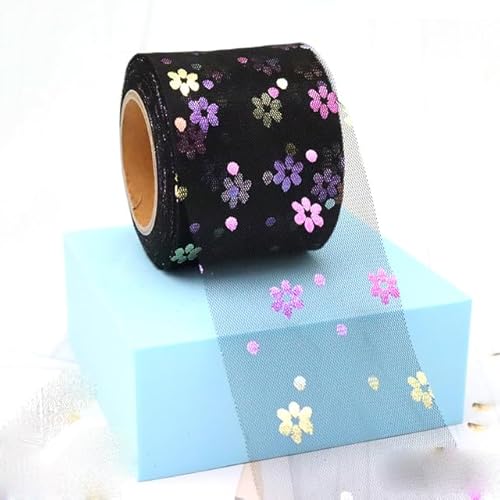 6 cm 25 Yards Blumen-Tüll Illusory Blümchen-Netzband Buntes Organzaband DIY Handwerk Geschenke Schleife Handgemacht Nähen Stoffmaterial-MTFL Schwarz, 6 cm 25 Yards von OEUWDI