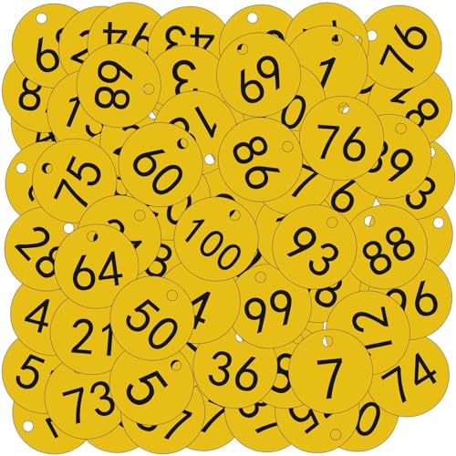 OFFCUP Gravierte Nummernschilder, 100 Stück Nummerierte Tags, Kunststoff Nummernschilder, Schlüsselanhänger Bienenstock-Etiketten mit Loch Viehbestand ID-Tags (Gelb Nummer 1-100) von OFFCUP