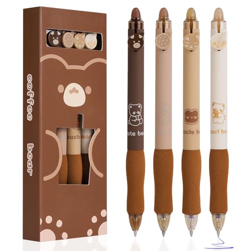 OFFCUP Radierbarer Kugelschreiber, 4 Blau Tintenroller Radierbar Gelstift, 0.5mm Radierstift Bär Cartoon Löschbarer Stift Erasable Pen für Kinder Studenten Geschenk Schul Bürobedarf - Kaffee von OFFCUP