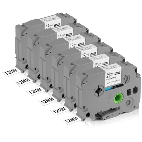 OFFCUP Schriftband für Kompatibel für Brother Etikettendrucker, 6 Stück 12mm x 8m Schriftbänder Ersatz für Brother PT-E100、PT-E200、PT-D210、PT-H100、PT-P300BT、PT-1010、PT-1090、PT-110CH、PT-1230PC usw von OFFCUP